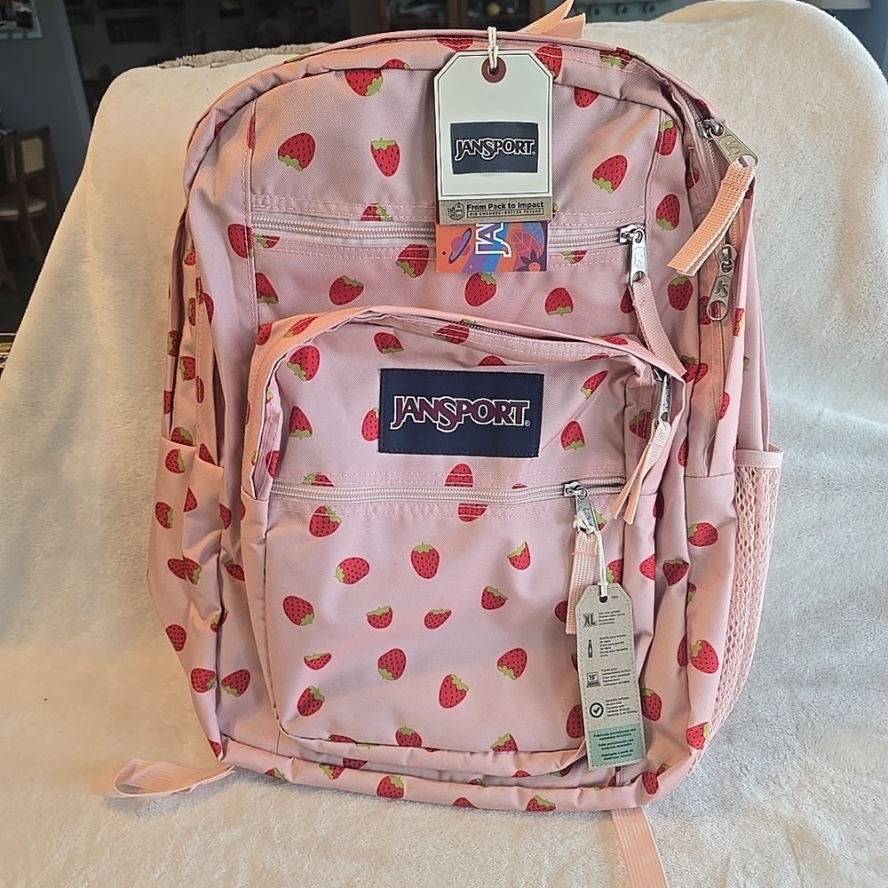 JanSport Big Student‎ XL Laptop Backpack Pink W/all-over Strawberries Design NWT
